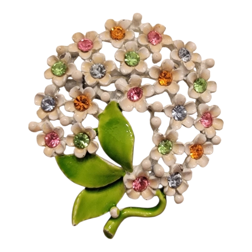Vintage White Enamel Flowers Brooch Pin w  Multi Color Rhinestones Uranium Glass